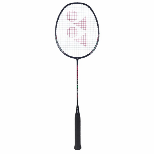 Black badminton racket with a brand logo on a white background