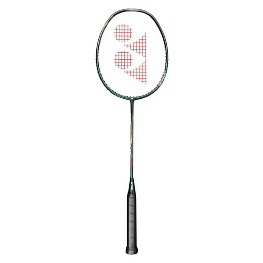 Badminton racket with a brand logo on a white background