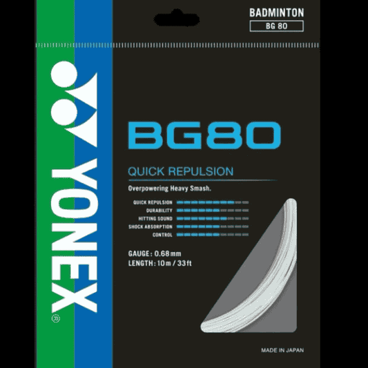 Yonex BG80 badminton string, 0.68mm gauge, designed for high repulsion, power, and control