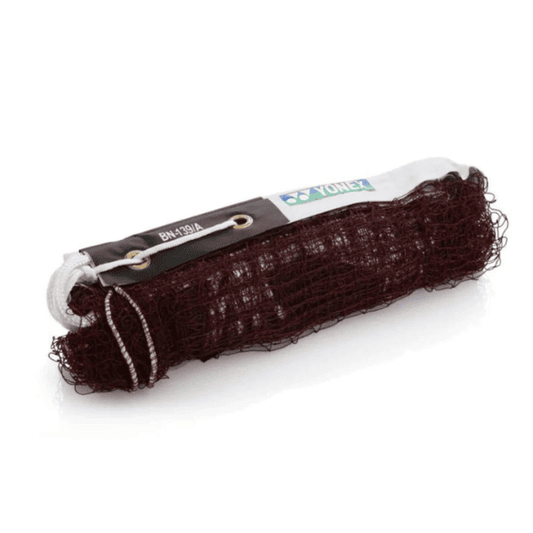 Yonex BN-139A badminton net made from durable brown nylon mesh with reinforced white top tape and attachment loops, rolled for easy storage and installation.