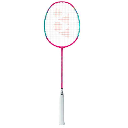 Badminton racket with a colorful frame on a white background