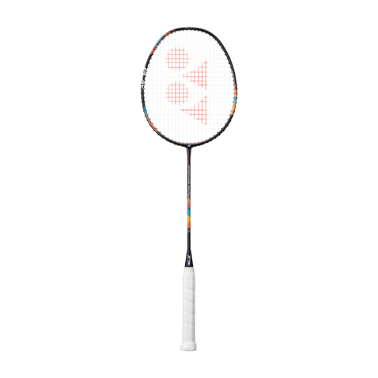 Badminton racket with a colorful frame on a white background